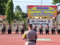 Kapolres Aceh Tamiang Pimpin Upacara Kenaikan Pangkat Pengabdian Personel Polres Aceh Tamiang