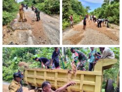 Akses Jalan Rusak, Babinsa Gotong Royong Bersama Warga Bantu Perbaiki Jalan