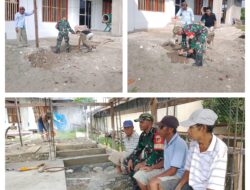 Jaga Kebersihan Tempat Ibadah, Babinsa Kerja Bakti Pembangunan Tempat Wudhu Masjid At-Taqwa