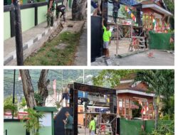 Menjadikan Pangkalan Indah dan Rapi, Anggota Koramil Luwuk Lakukan Pembenahan Pangkalan Pemasangan Tegel Gapura Dan Pengecatan Pagar