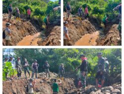 Lanjutkan Penggalian Tempat Pembuatan Dekker, Personel Satgas TMMD Dan Masyarakat Bahu Membahu