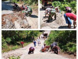 Bersama Warga, Babinsa Koramil 1308–12/Bulagi  Laksanakan Gotong Royong Perbaiki Jalan Rusak Antara Desa