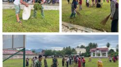 Ratusan Warga dan Satgas TMMD ke-128 Gotong Royong Bersihkan Lapangan Penutupan di Sausu Trans