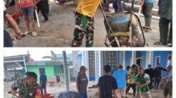 Dukung Pembangunan Tempat Ibadah ,Babinsa Bantu Warga Kerja Bakti Pengecoran Lantai Halaman Masjid