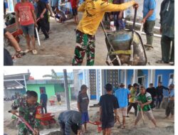 Dukung Pembangunan Tempat Ibadah ,Babinsa Bantu Warga Kerja Bakti Pengecoran Lantai Halaman Masjid