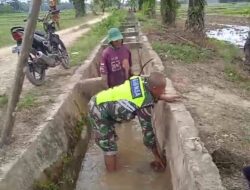 Pastikan Pengairan Lahan Pertanian Berjalan Lancar, Babinsa Bersama Petani Cek Saluran Irigasi