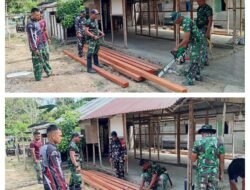 Penyiapan dan Pemahatan Kayu untuk Tiang Rumah oleh Satgas TMMD di Desa Soe